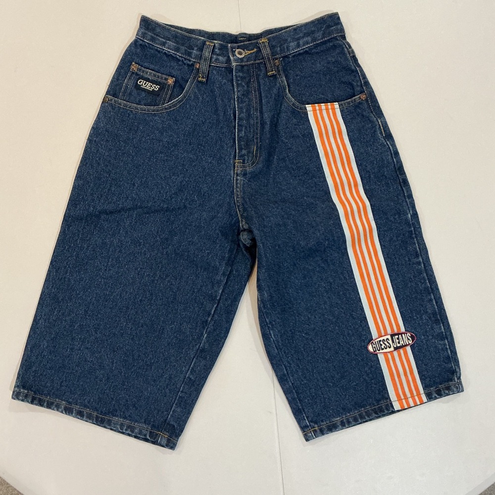 VTG Y2K Guess Jeans Baggy Jorts Mens 27 Wide Leg Orange Stripe Streetwear